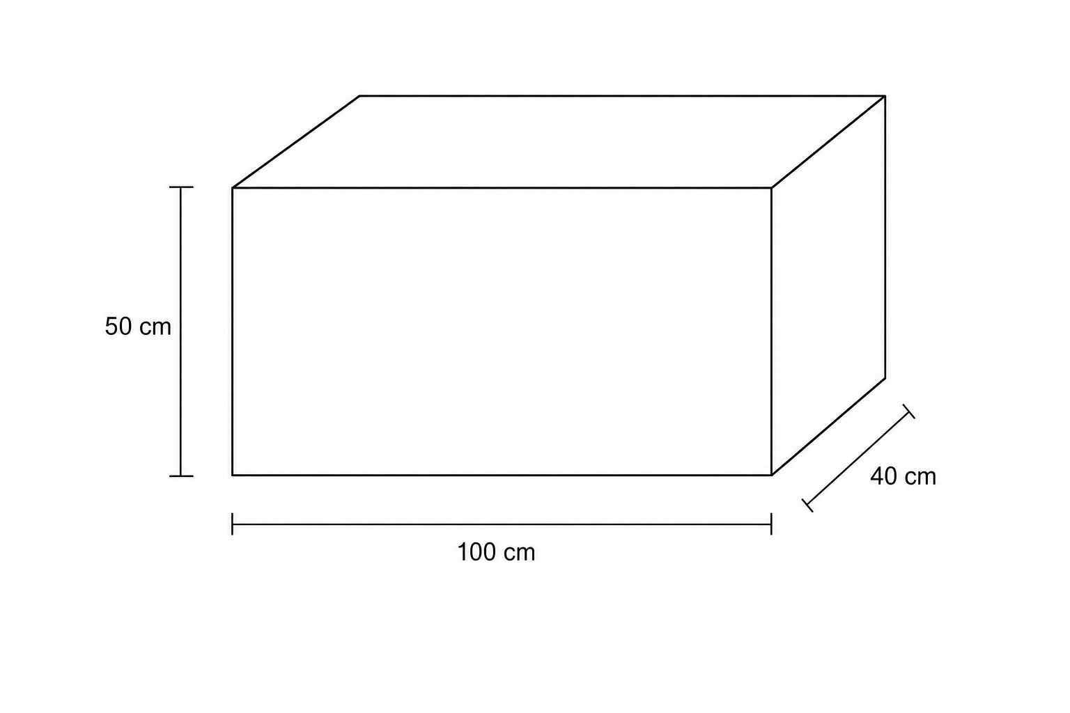 A 3D line drawing of a rectangular prism (box). The front face is a rectangle with a width of 100 cm and a height of 50 cm. The depth (length) of the box is labeled as 40 cm.