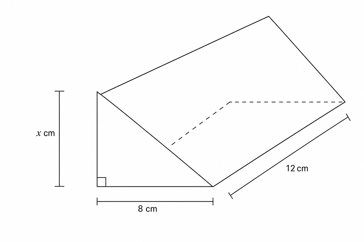 Diagram of a triangular prism with a right-angled triangular cross-section. The triangle has a base of 8 cm and a height of x \text{ cm}. The length of the prism is 12 cm.