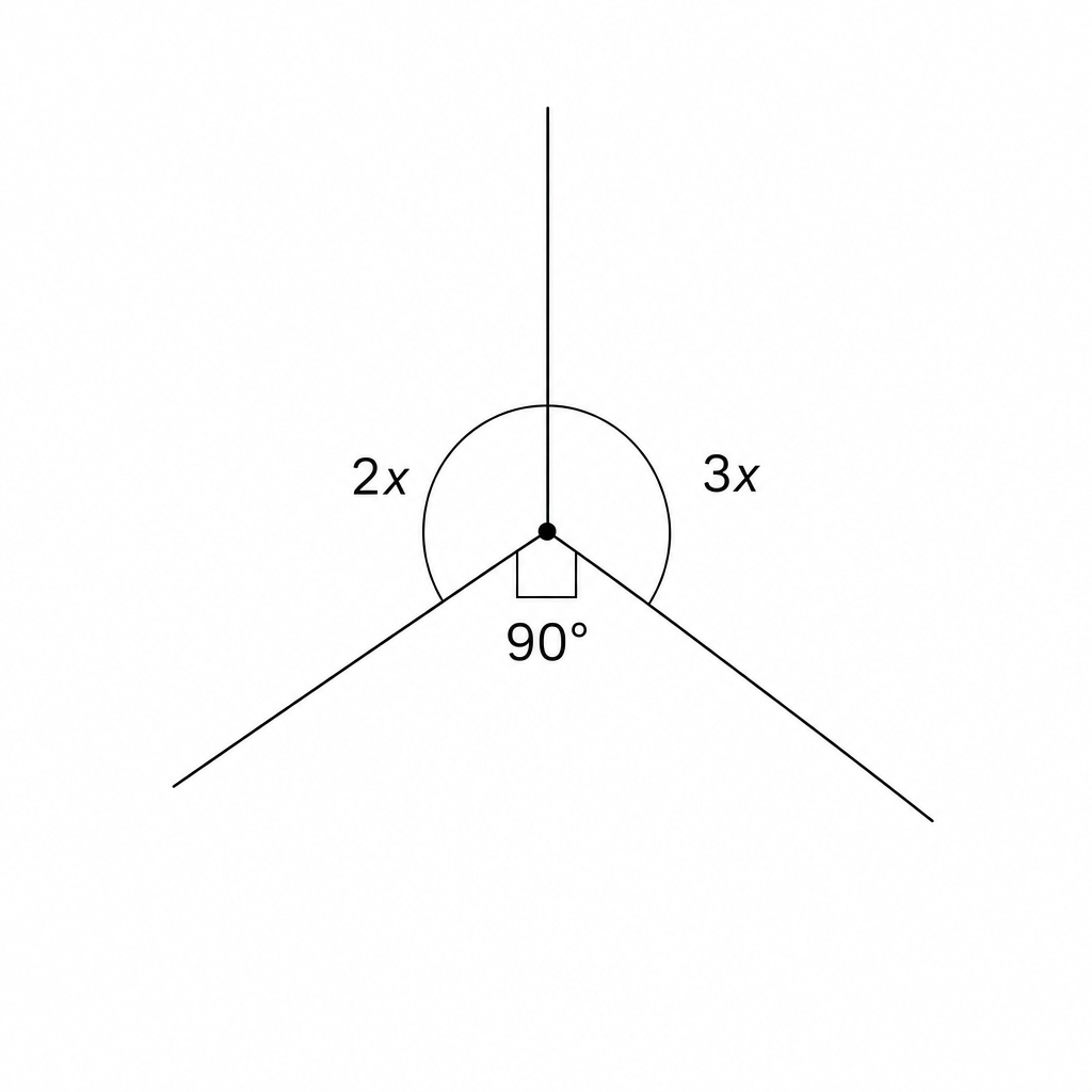 Diagram showing angles 2x, 3x, and a right angle around a point.