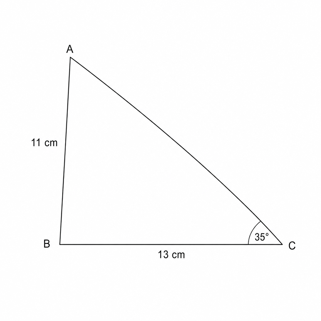 Triangle ABC with side AB = 11 cm, side BC = 13 cm, and angle C = 35 degrees.
