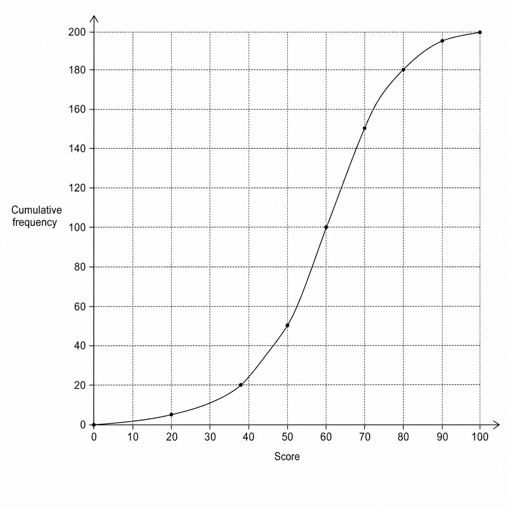 Cumulative frequency graph showing quiz scores.