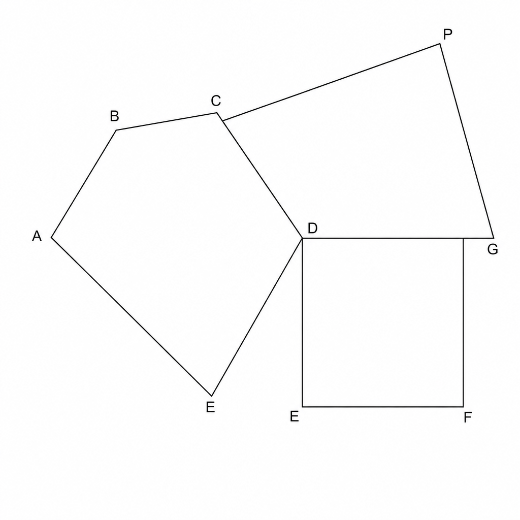 Diagram showing a regular pentagon ABCDE and a square EDFG sharing side ED.
