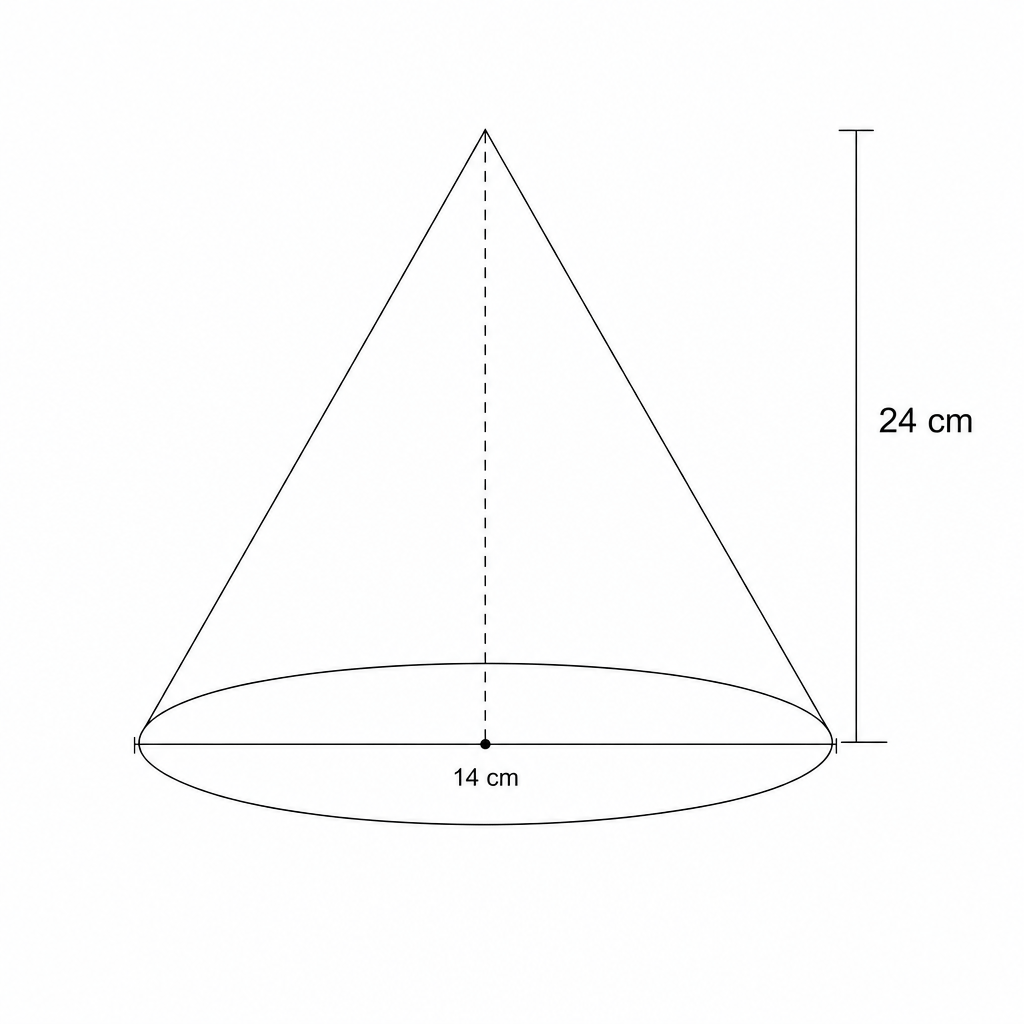 Diagram of a cone with height 24 cm and base diameter 14 cm.
