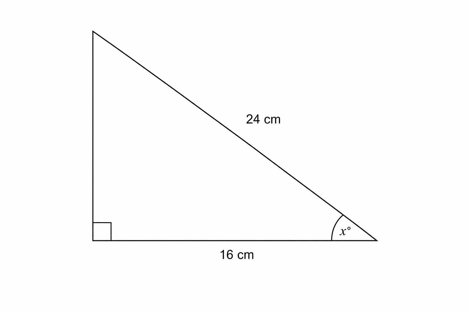 Right-angled triangle with hypotenuse 24 cm, adjacent side 16 cm, and angle x degrees.