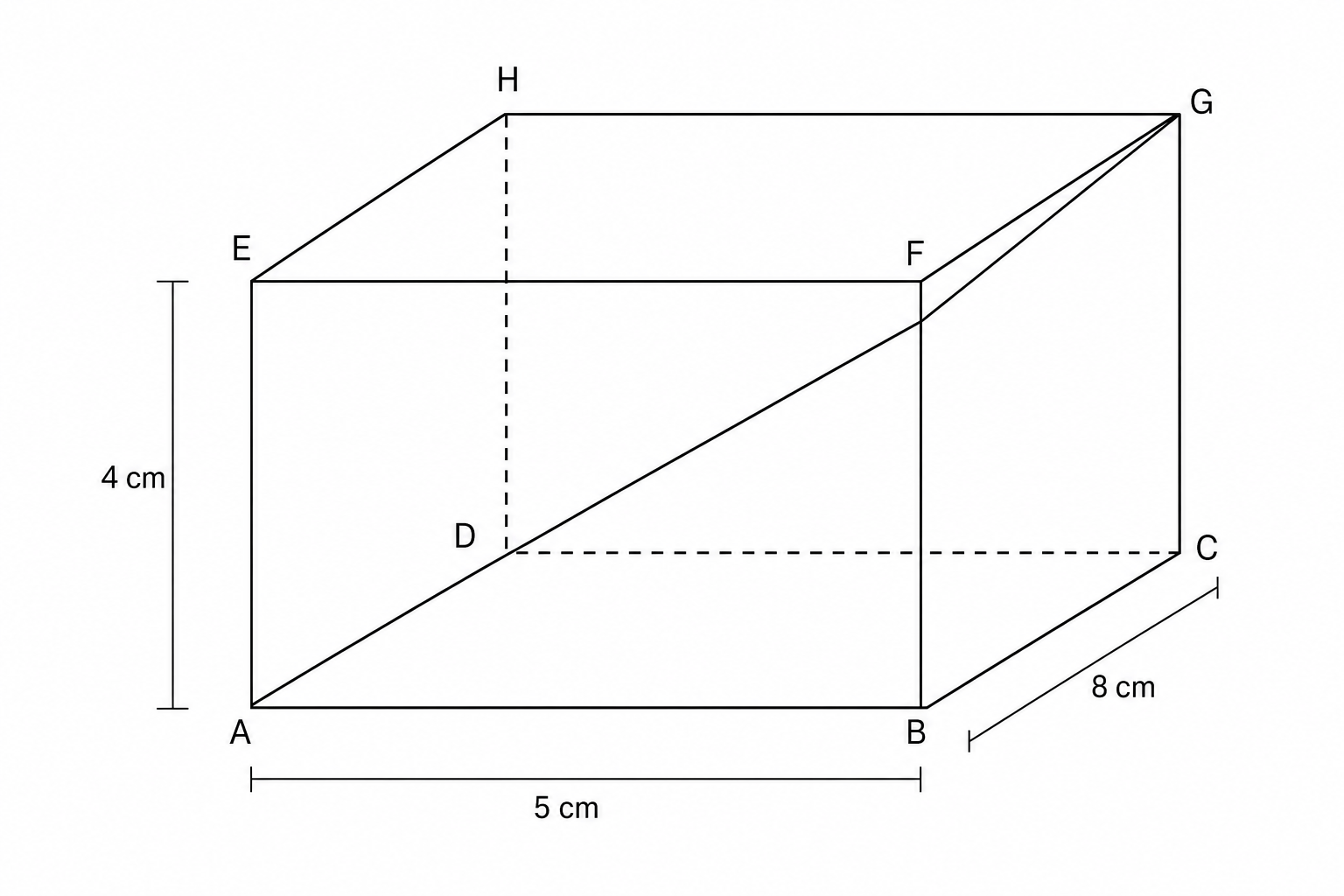A 3D line drawing of a cuboid ABCDEFGH.