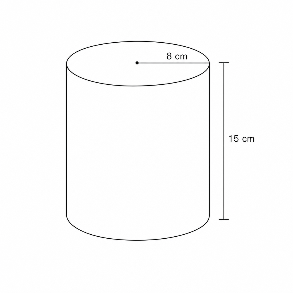 Diagram of a cylindrical water tank with radius 8 cm and height 15 cm.