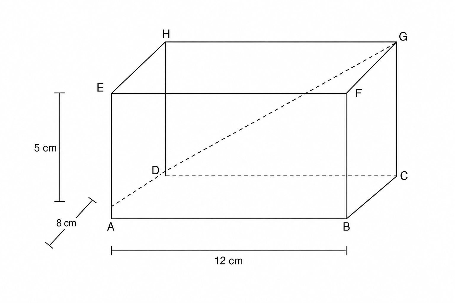 A 3D line drawing of a cuboid ABCDEFGH.