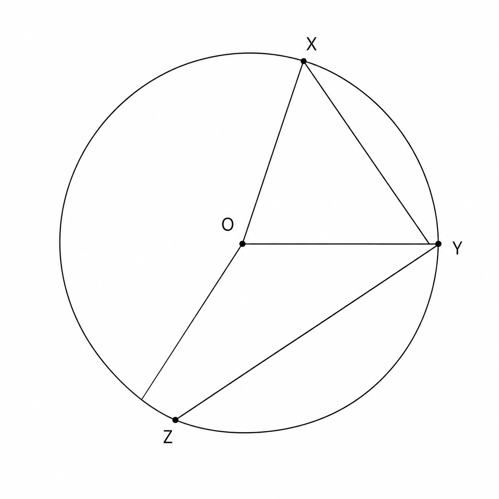 A diagram of a circle with center O. Points X, Y, and Z are on the circumference. Radii OX, OY, and OZ are drawn. Angle XOZ is the central angle and angle XYZ is the angle at the circumference.