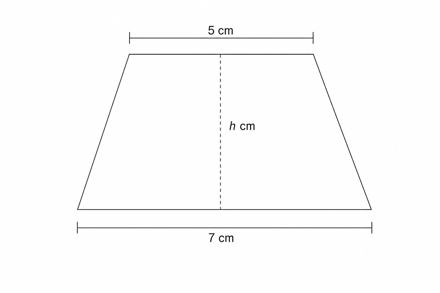 Diagram of a trapezium with parallel sides of 5 cm and 7 cm, and a perpendicular height h.
