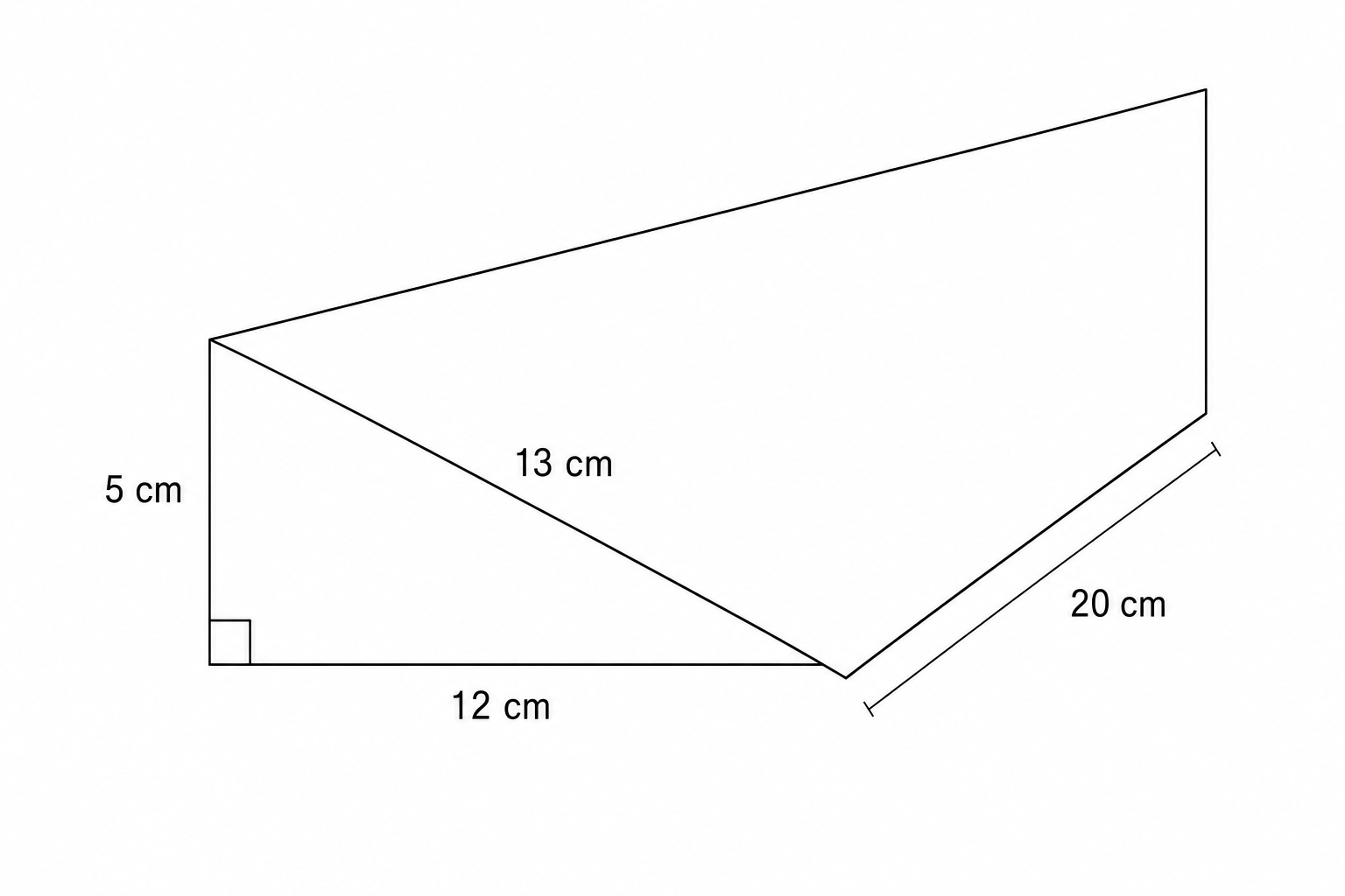 Diagram of a right-angled triangular prism. The triangle has a base of 12 cm and a height of 5 cm. The hypotenuse is 13 cm. The prism has a length of 20 cm.