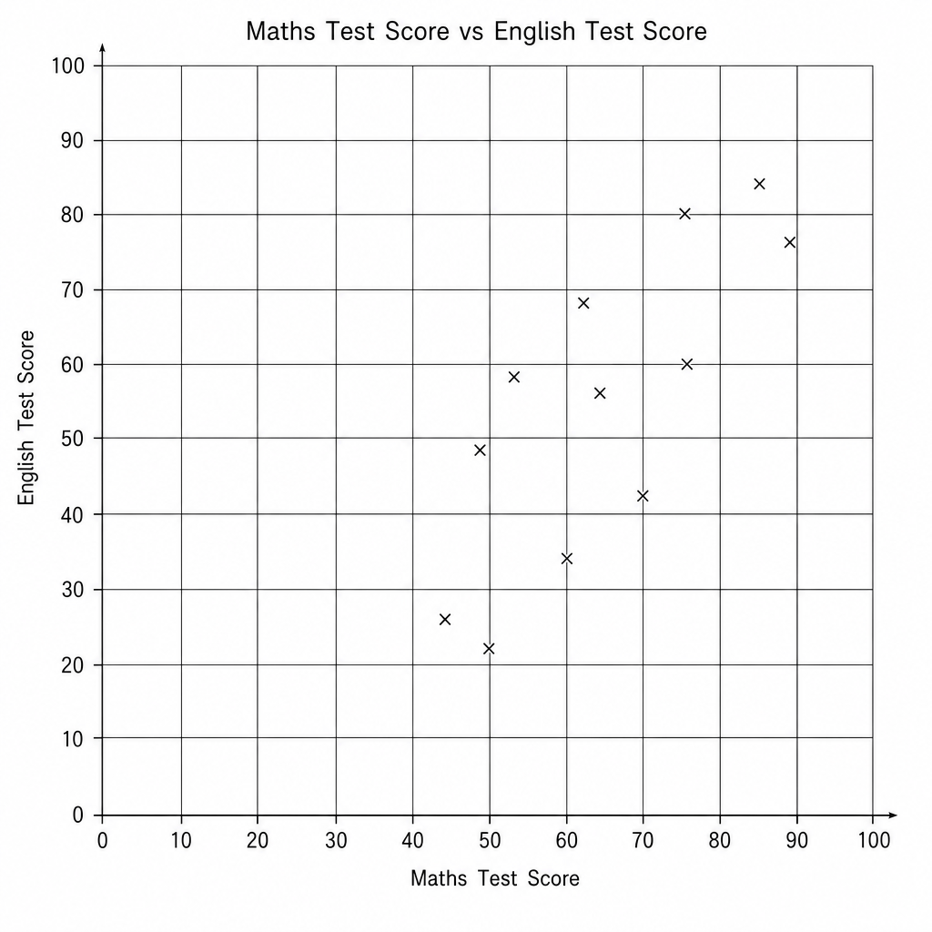 Scatter graph showing Maths Test Score vs English Test Score.