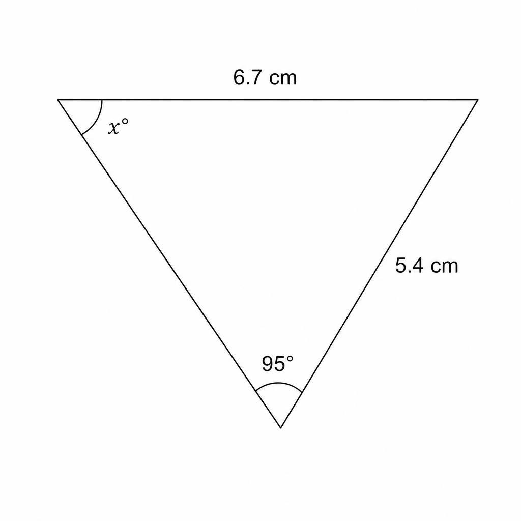 A triangle with a top side of 6.7 cm and a right side of 5.4 cm. The angle at the top-left vertex is labeled x°. The interior angle at the bottom vertex is labeled 95°.