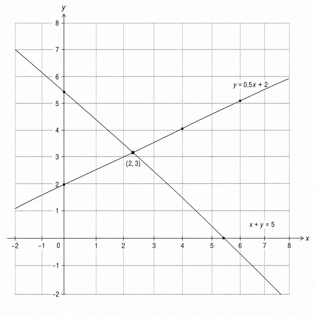 A coordinate grid with x and y axes ranging from -2 to 8. Two straight lines are plotted. The first line, y = 0.5x + 2, passes through the points (0, 2), (2, 3), (4, 4), and (6, 5). The second line, x + y = 5, passes through the points (0, 5), (2, 3), and (5, 0). The two lines intersect at the point (2, 3).