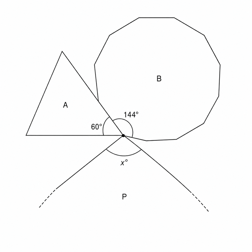 Diagram showing a regular triangle A, a regular decagon B, and part of a regular polygon P meeting at a point.