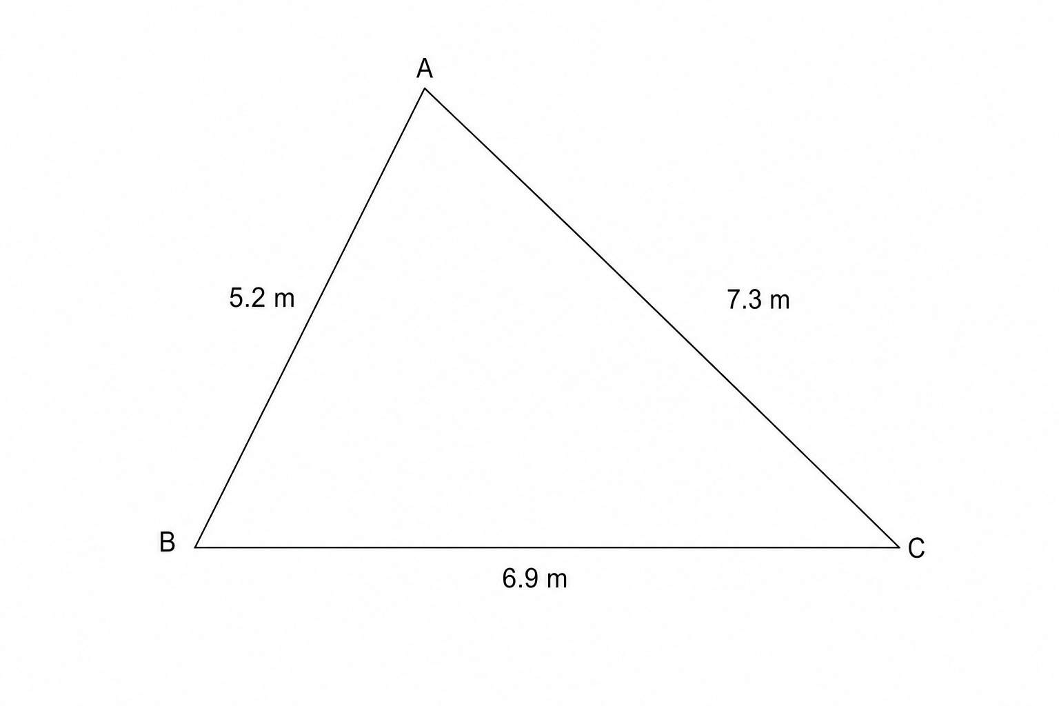 A triangle with vertices A, B, and C. Side AB is 5.2 m, side BC is 6.9 m, and side AC is 7.3 m.