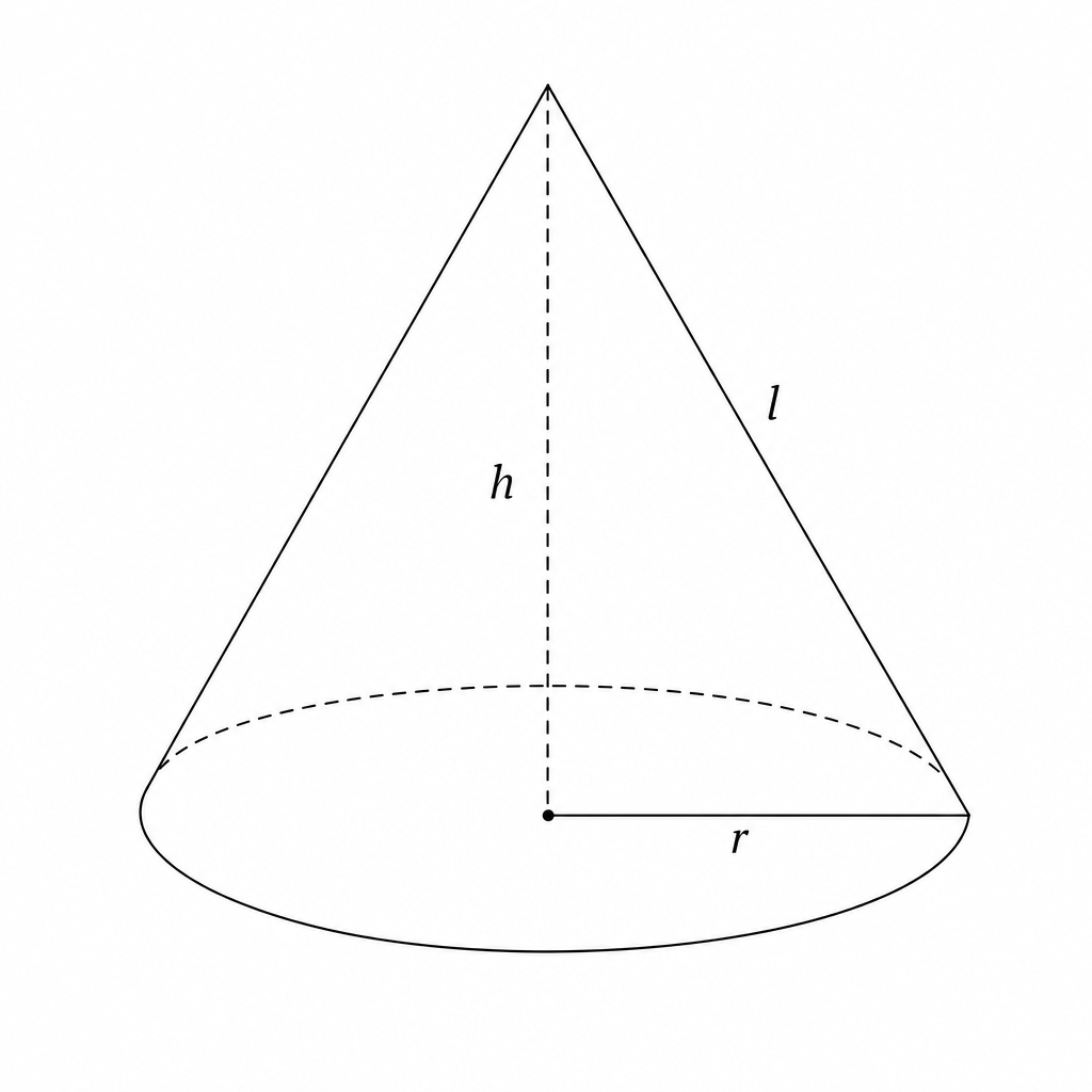 Diagram of a cone showing radius r, height h, and slant height l.