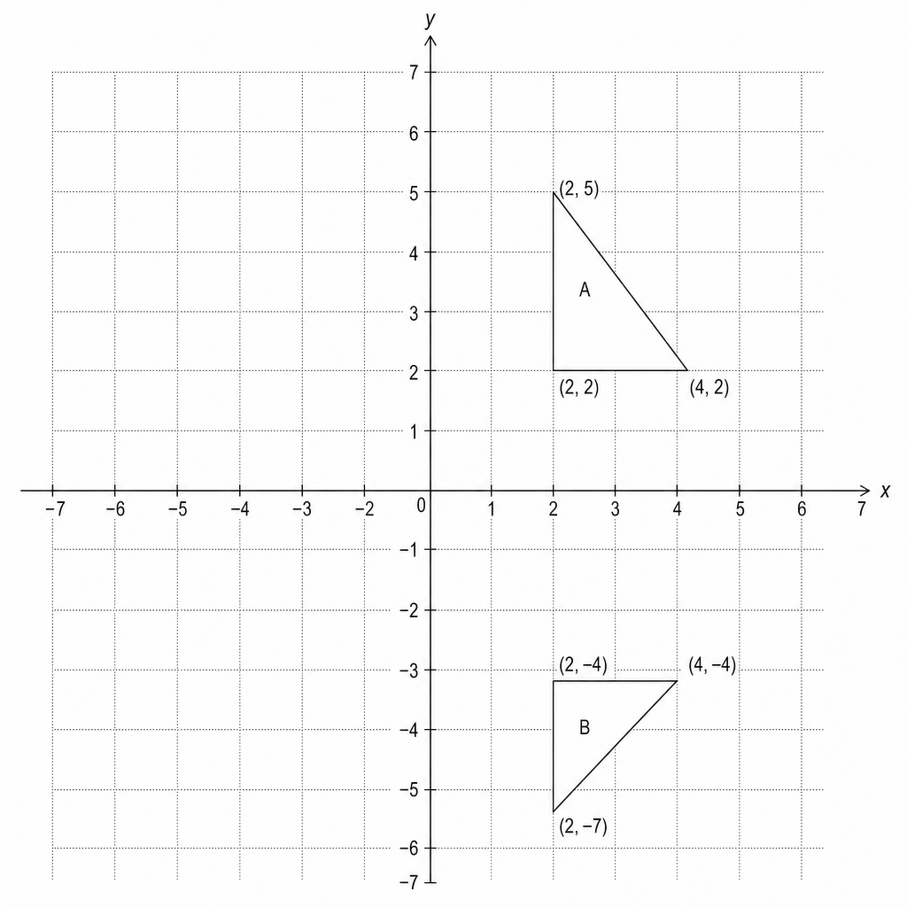 A coordinate plane with x and y axes. Two triangles, A and B, are shown. Triangle A has vertices at (2, 2), (2, 5), and (4, 2). Triangle B has vertices at (2, -4), (2, -7), and (4, -4).