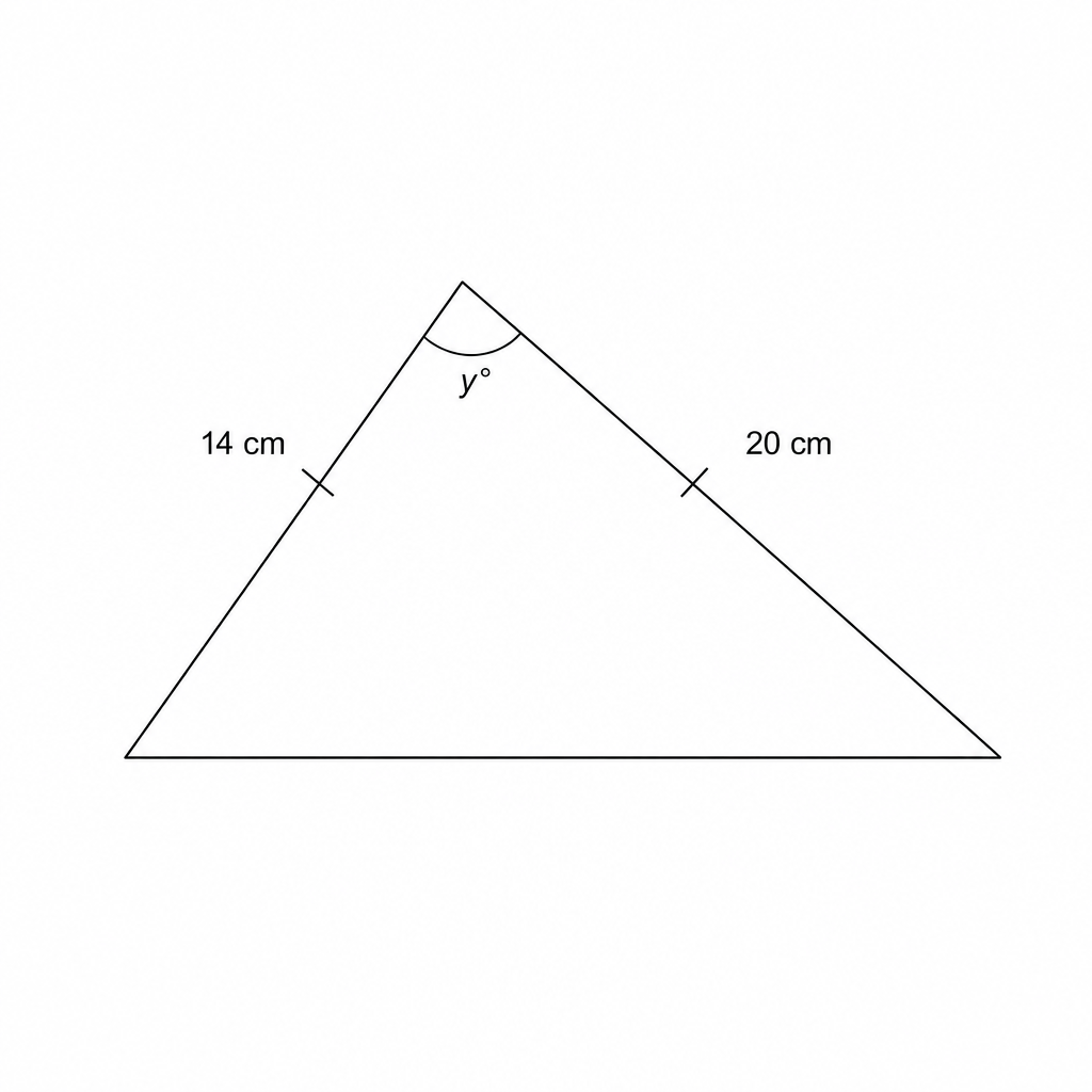 A triangular plate with two sides of length 14 cm and 20 cm, and an included angle of y degrees.