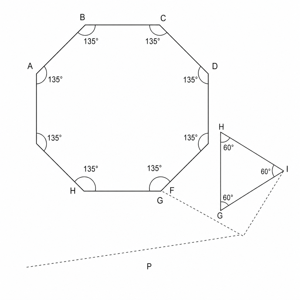 Diagram showing a regular octagon ABCDEFGH and an equilateral triangle GHI sharing side GH.