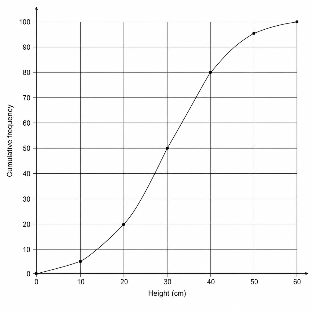 Cumulative frequency graph showing height in cm.