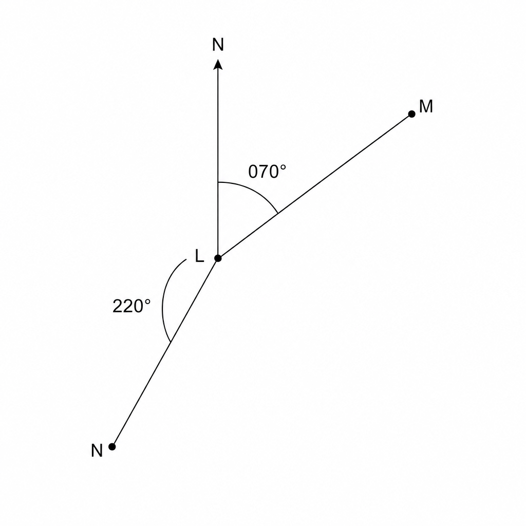 Diagram showing points M and N relative to a lighthouse L
