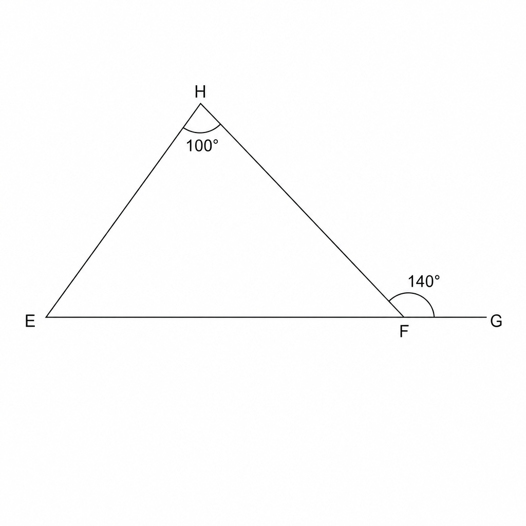 Triangle EFH with exterior angle 140 at F and angle 100 at H.