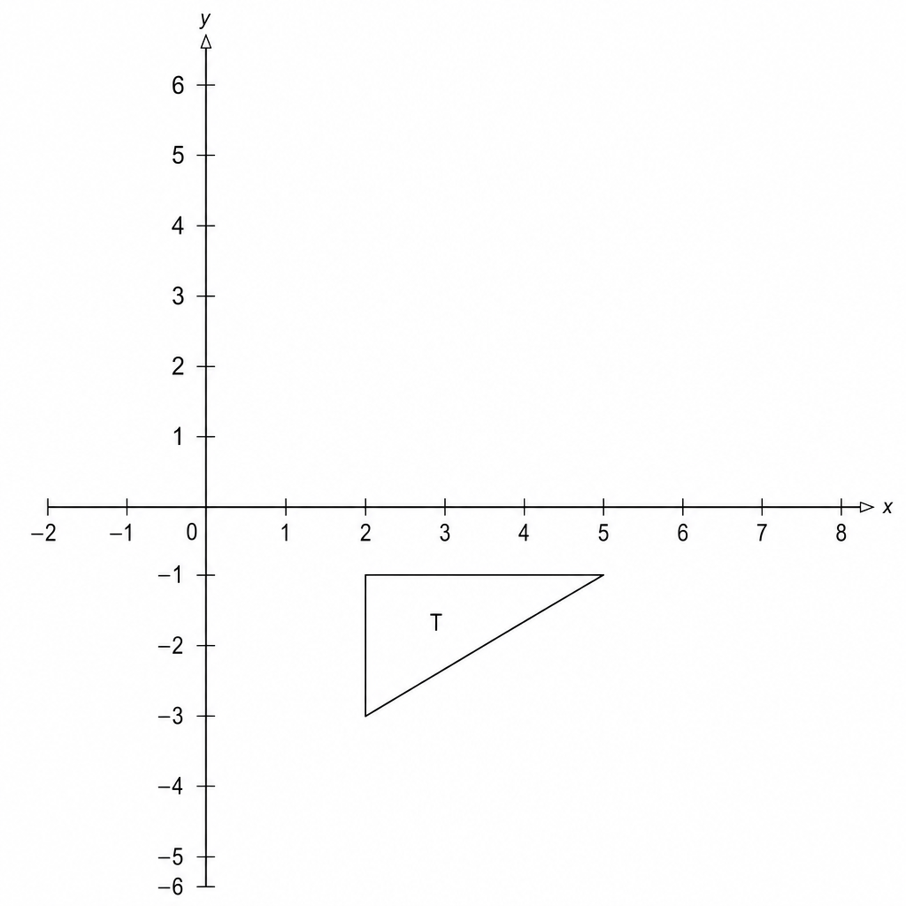 A coordinate grid with x-axis from -2 to 8 and y-axis from -6 to 6. A right-angled triangle labeled 'T' has vertices at (2, -1), (5, -1), and (2, -3).