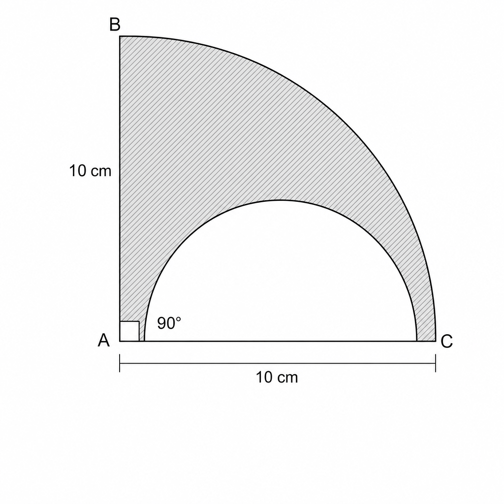 Diagram of a sector BAC with radius AC = 10 cm and an inscribed semi-circle.