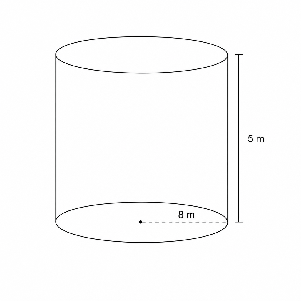 Diagram of a cylindrical water tank with radius 8 m and height 5 m.