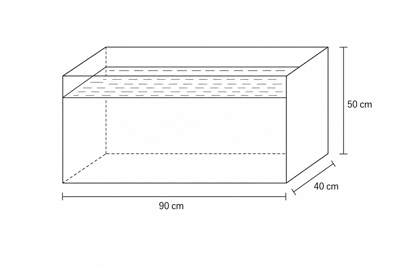 Diagram of a water container with dimensions 90 cm, 50 cm, and 40 cm.