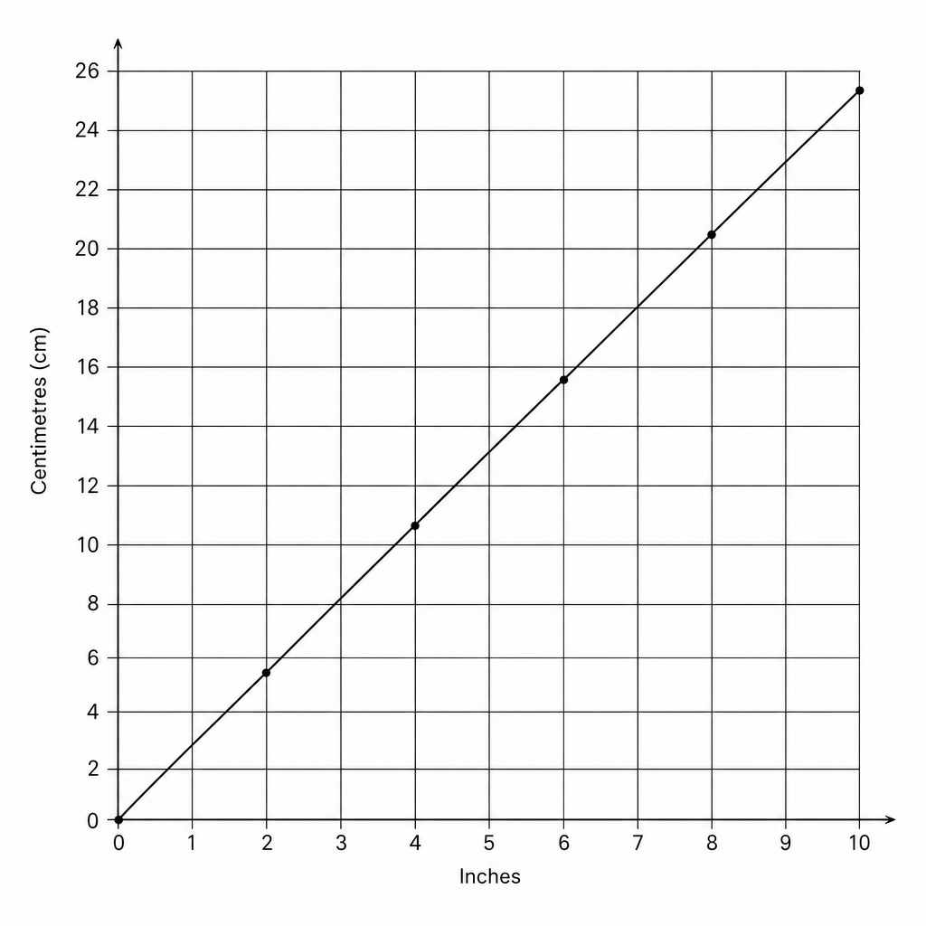 A line graph showing the conversion between inches and centimetres.