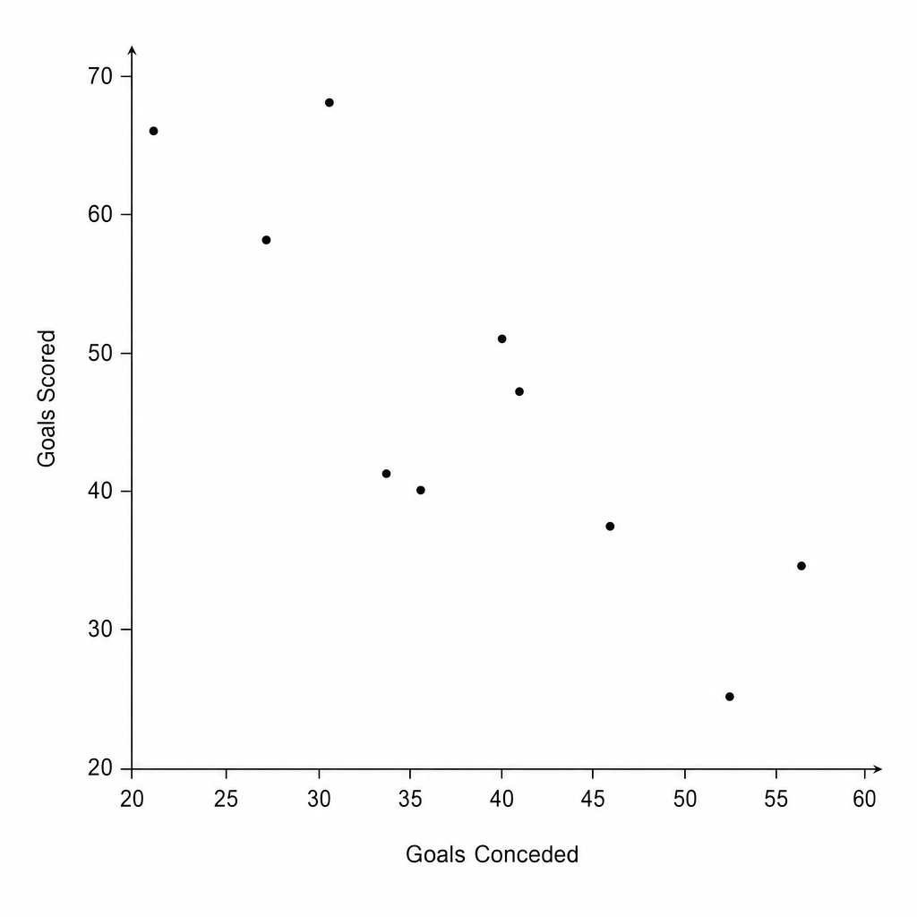 Scatter graph showing Goals Scored vs Goals Conceded for 10 football teams.
