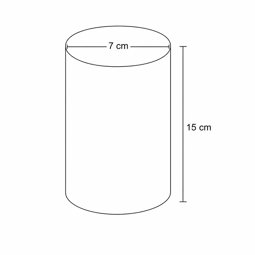 Diagram of a solid cylinder with diameter 7 cm and height 15 cm.