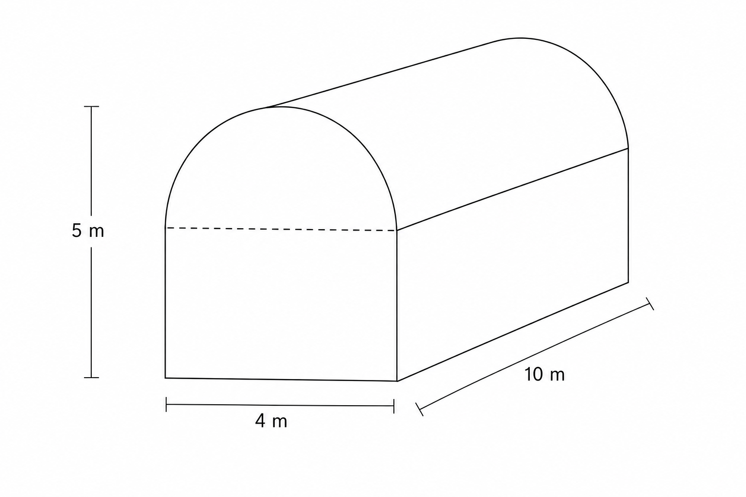 Diagram of a greenhouse consisting of a rectangular base with a semi-cylindrical roof.