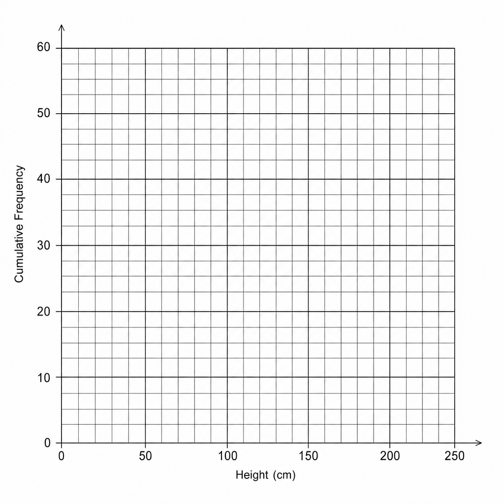 A blank cumulative frequency graph grid with Height (cm) on the x-axis from 0 to 250 and Cumulative Frequency on the y-axis from 0 to 60.
