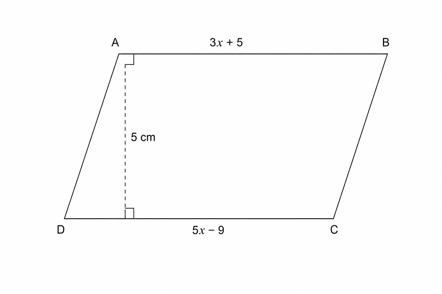 A parallelogram ABCD. The top side AB has a length of 3x + 5. The bottom side DC has a length of 5x - 9.