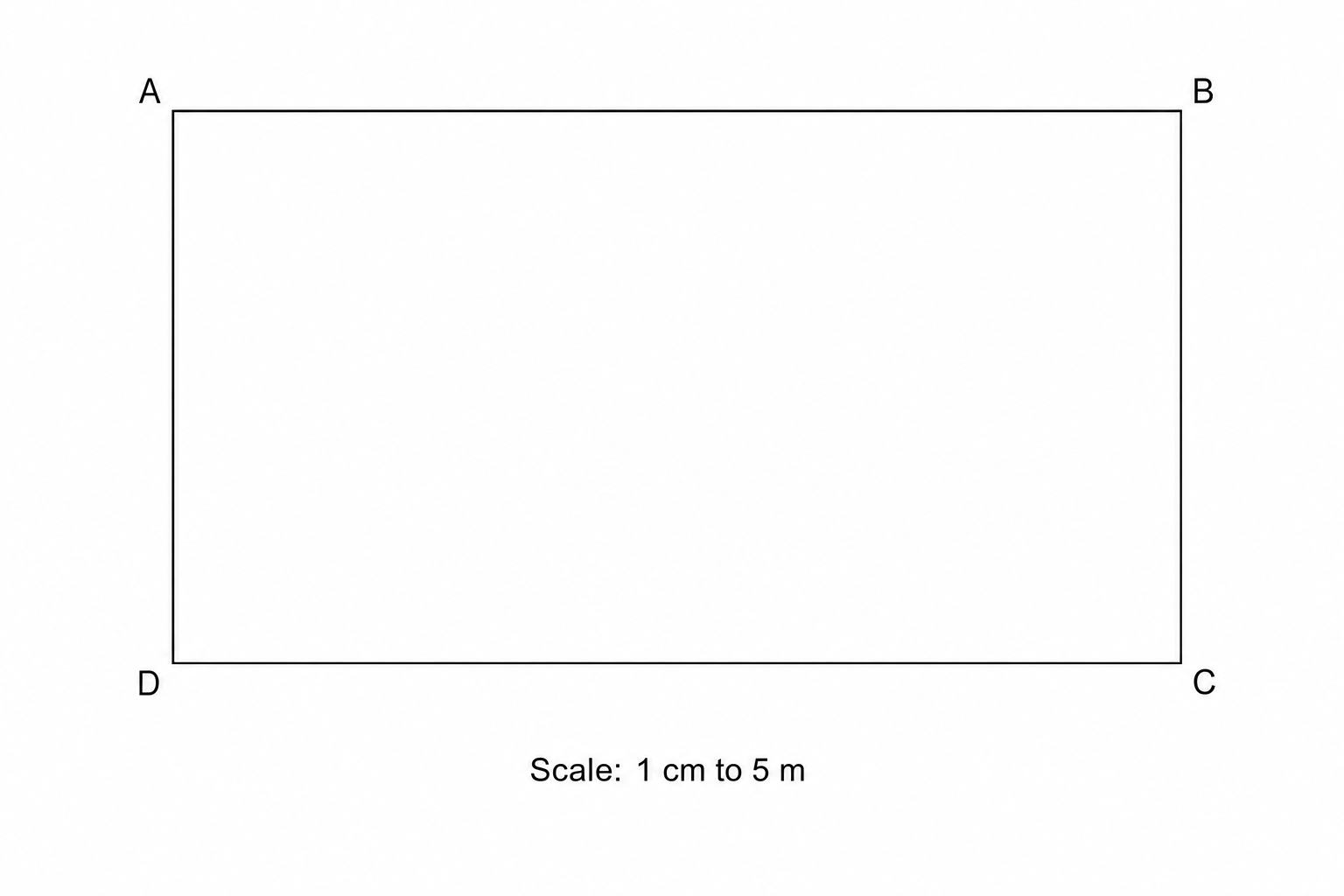 A scale drawing of a garden, represented by a rectangle with vertices labeled A, B, C, and D.
