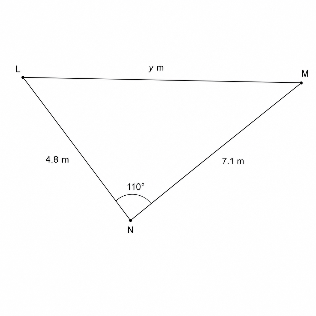 Triangle LMN with side LN = 4.8 m, side MN = 7.1 m, obtuse angle N = 110 degrees, and side LM = y m.