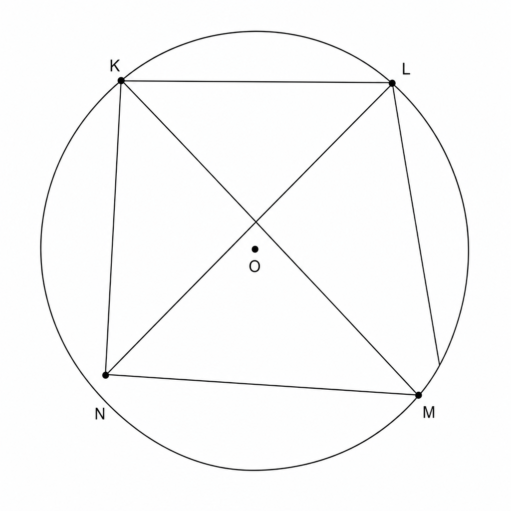 A circle with center O. Points K, L, M, and N are on the circumference. Chords KM, KN, LM, and LN are drawn, forming angles KMN and KLN.