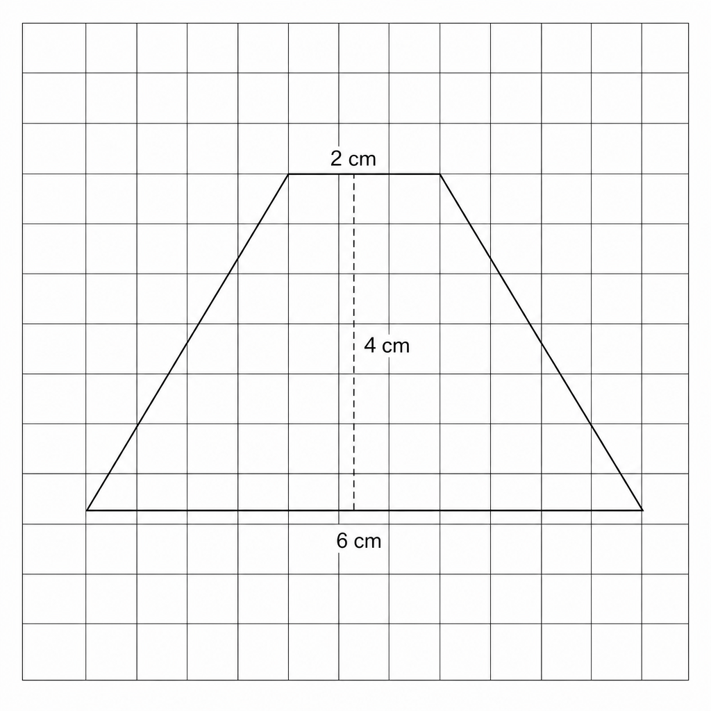 A trapezium on a centimetre grid with parallel sides of length 2 cm and 6 cm, and a perpendicular height of 4 cm.