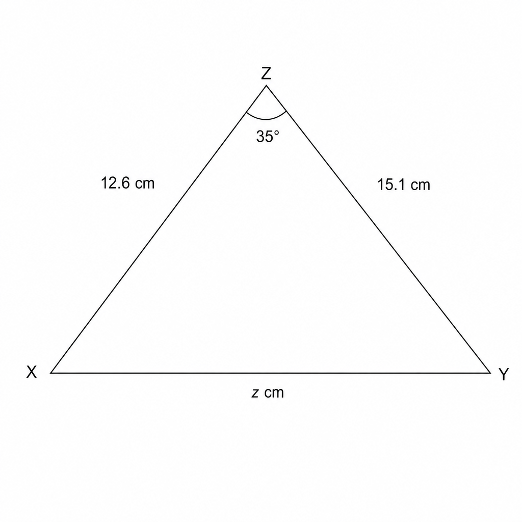 Triangle XYZ with side XZ = 12.6 cm, side YZ = 15.1 cm, angle Z = 35 degrees, and side XY = z cm.