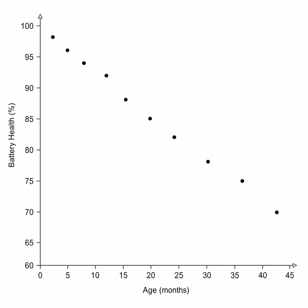 Scatter graph showing Battery Health vs Age in Months for 10 mobile phones.