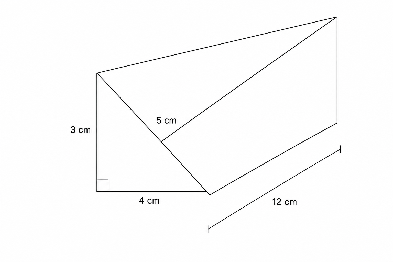 Diagram of a triangular prism with a right-angled triangular base. The base has legs of 3 cm and 4 cm, and a hypotenuse of 5 cm. The length of the prism is 12 cm.
