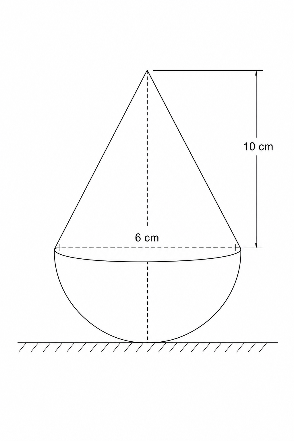 Diagram of a solid shape consisting of a cone on top of a hemisphere.