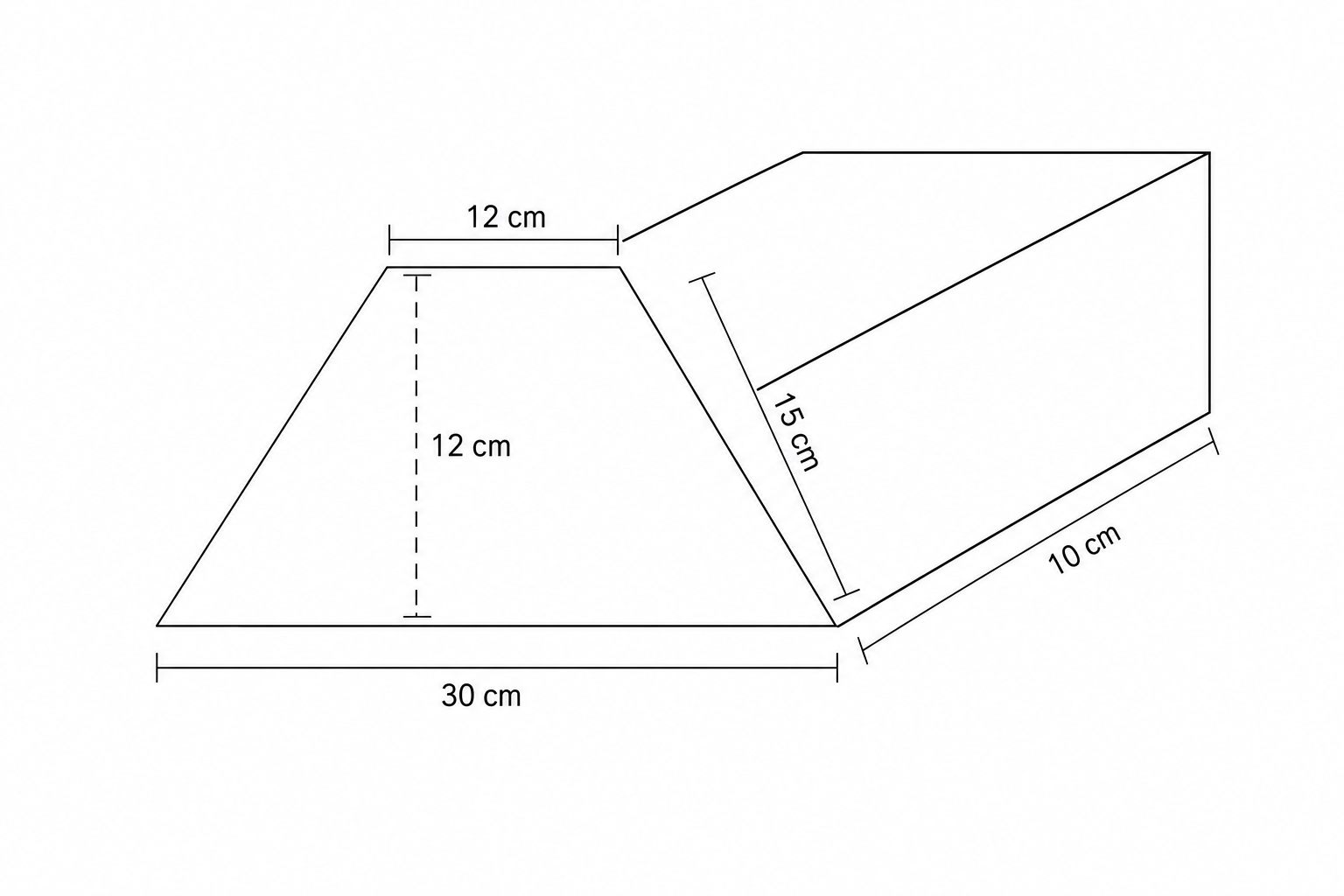 A trapezoidal prism: top base 12 cm, bottom base 30 cm, height 12 cm, slant side 15 cm, and length 10 cm.