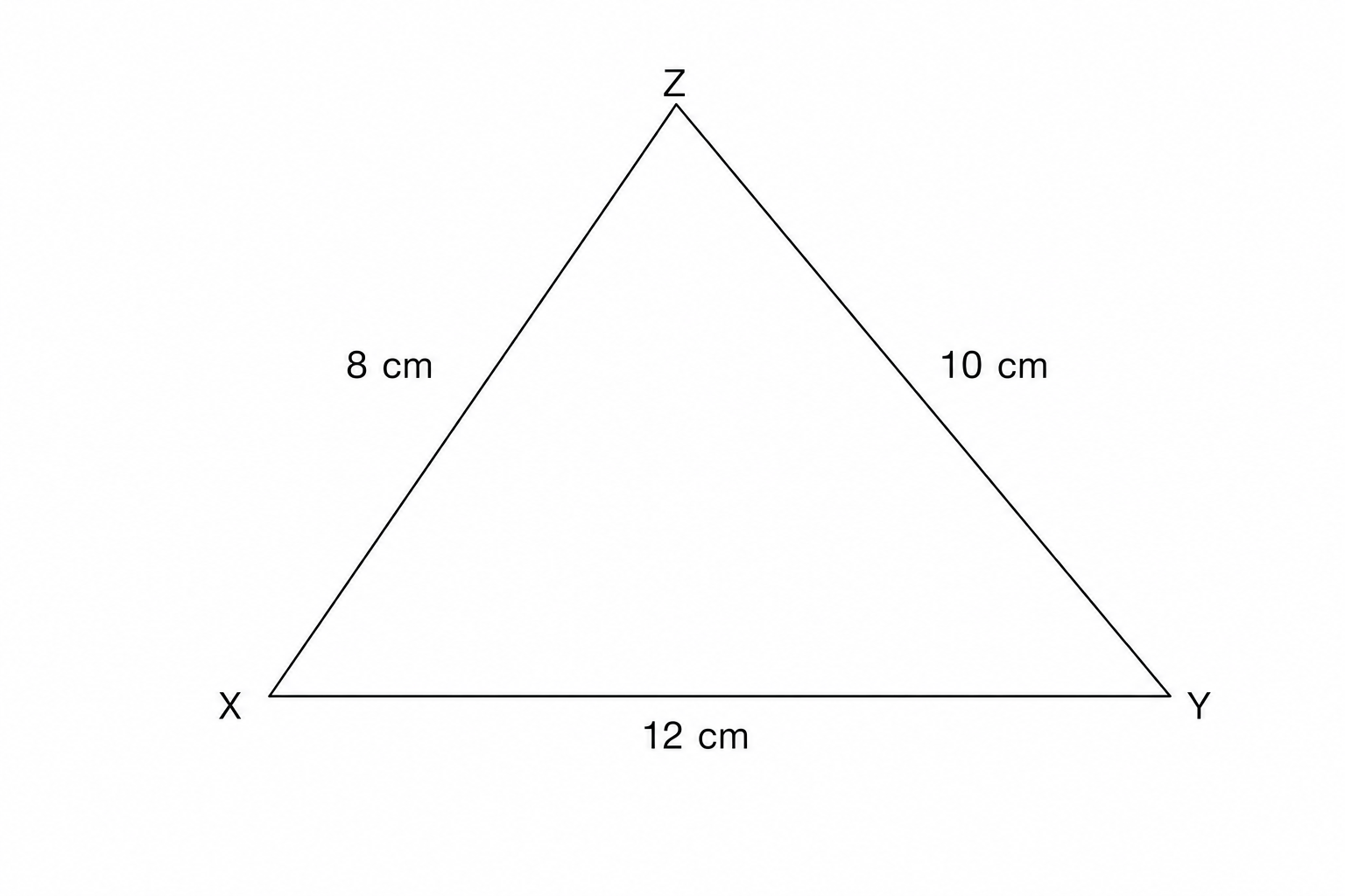 A diagram of triangle XYZ. Vertex X is at the bottom left, vertex Y is at the bottom right, and vertex Z is at the top. The side XY is labeled 12 cm, side YZ is labeled 10 cm, and side XZ is labeled 8 cm.