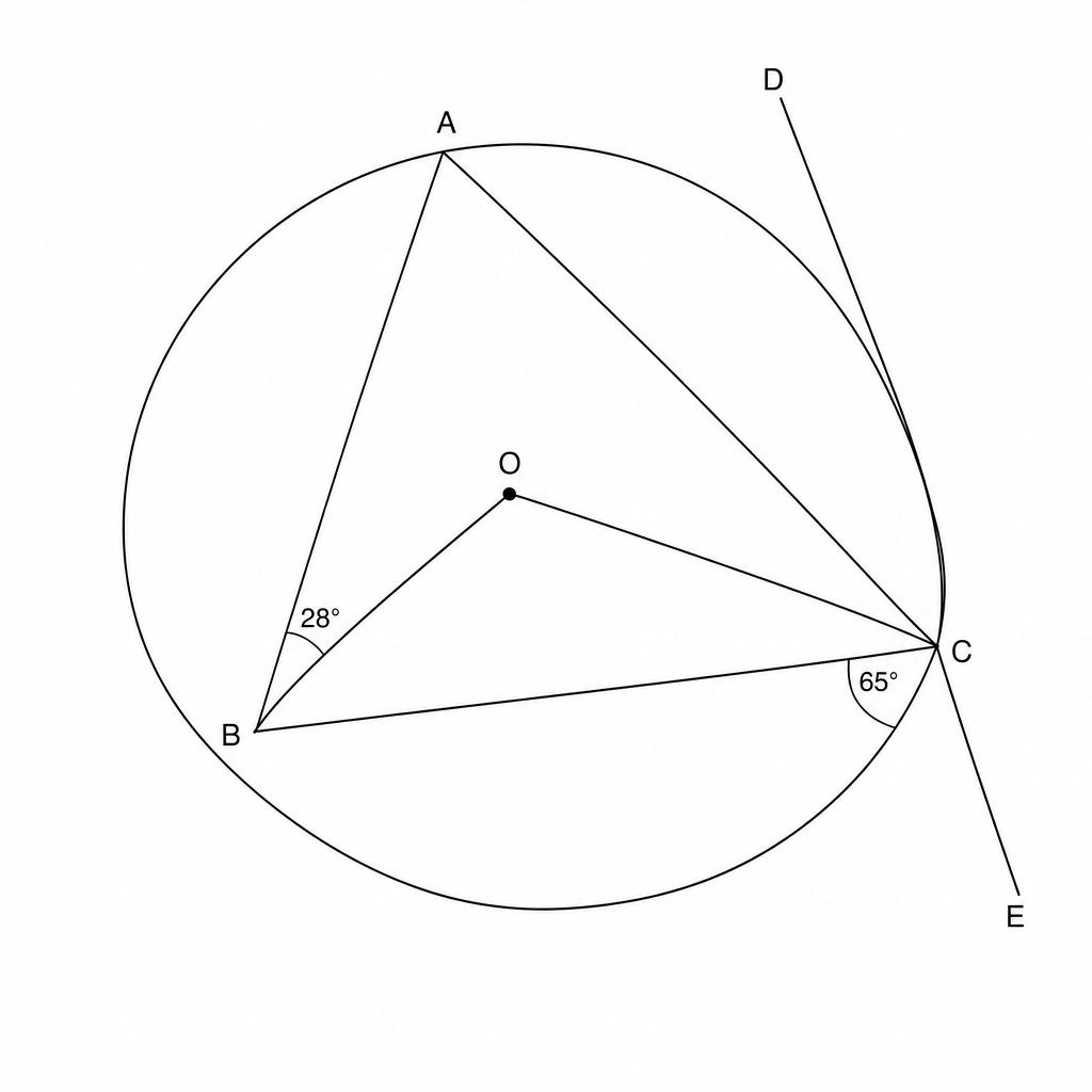 A geometric diagram of a circle with center O. Points A, B, and C are on the circumference. A tangent line DCE touches the circle at point C. Chords AB, BC, AC, OB, and OC are drawn. Angle ABO is labeled as 28 degrees and angle BCE is labeled as 65 degrees.