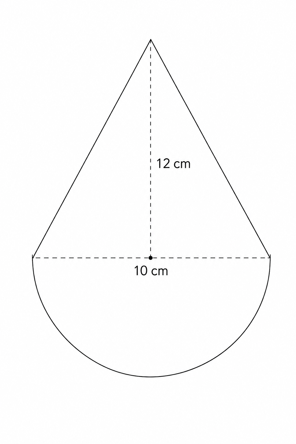 Diagram of a solid shape consisting of a cone on top of a hemisphere.