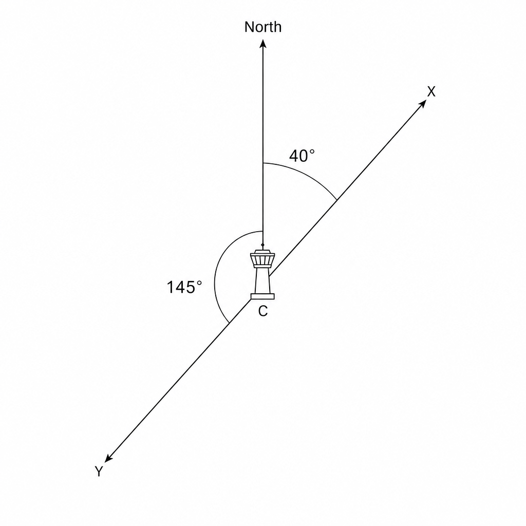 Diagram showing points X and Y relative to North at control tower C