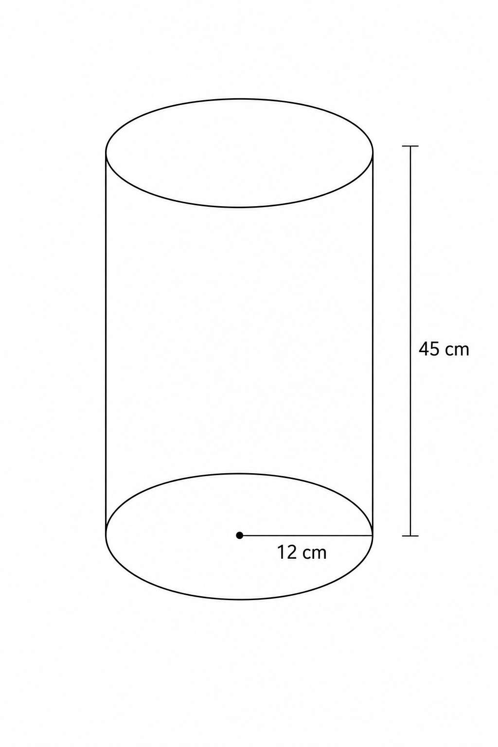 Diagram of a cylinder with radius 12 cm and height 45 cm.